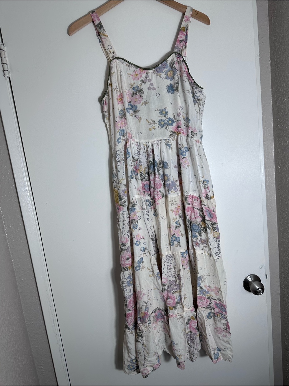 Boho Cream Floral Maxi Dress with Pink & Blue Accents